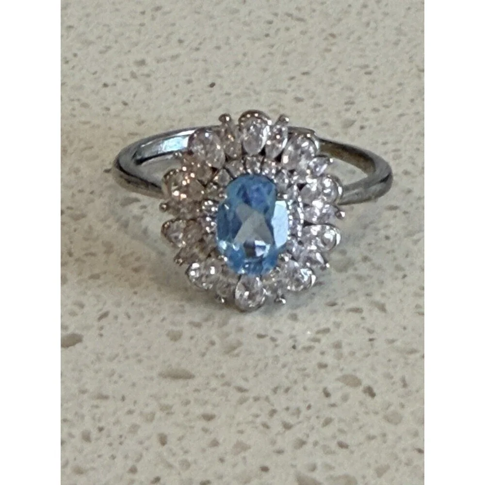 Oval Aquamarine Flower Ring Women's Ring 925 Sterling Silver Size 7A